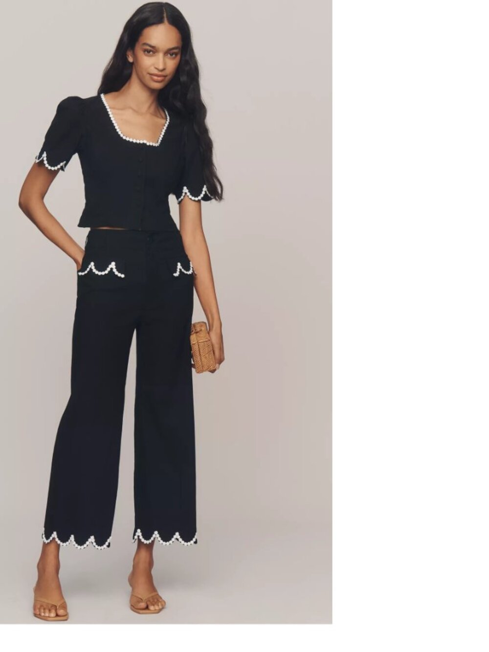 Anthropologie Maeve Colette Scalloped High-Rise Wide-Leg Cropped Pants 25P black